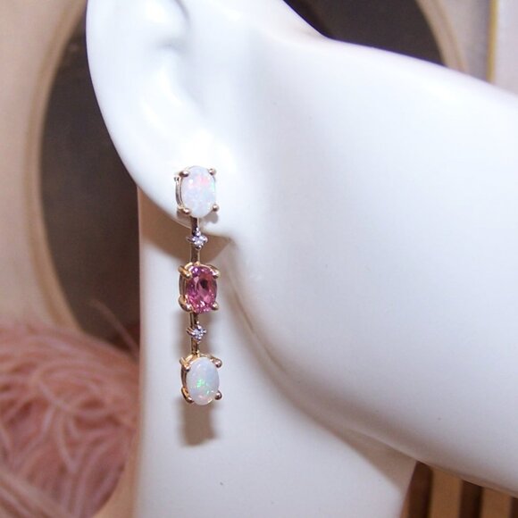 Unbranded Jewelry - 14K Gold Opal Diamond and Pink Tourmaline Dangle Drop Earrings - Posts with Nuts